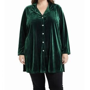 Tanuja Dior XL Emerald Green Stretch Velvet Side Slit Shacket Button Up Top EUC